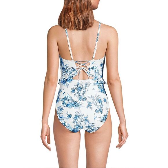 Land's End One piece swimsuit Tie front back ruffle cut out country meadow Var - Picture 3 of 7